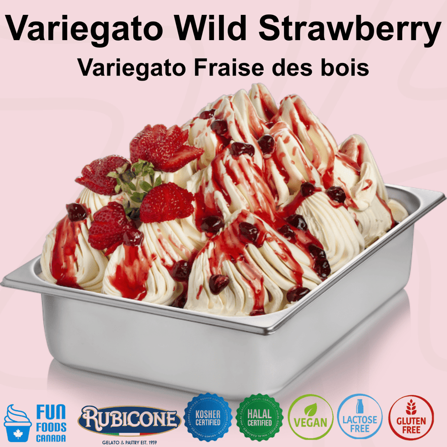 Rubicone Variegato Wild Strawberry gelato variegate featuring sweet wild strawberry sauce with whole wild strawberries and berry pieces. Perfect for decorating and flavouring gelato, ice cream, frozen yogurt and desserts. Kosher, Halal, Vegan, Lactose-free, Gluten-free