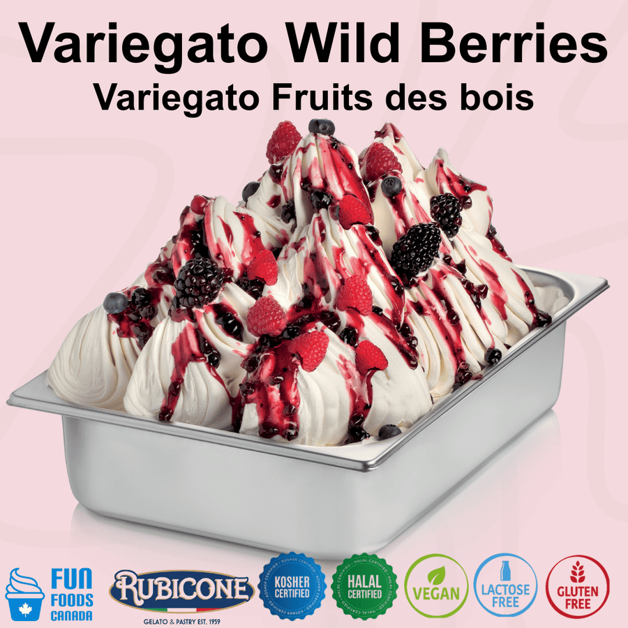 Rubicone Variegato Wild Berries gelato variegate featuring a vibrant blend of wild berry sauce with whole raspberries, blackberries and blueberries. Perfect for decorating and flavouring gelato, ice cream, frozen yogurt and desserts. Kosher, Halal, Vegan, Lactose-free, Gluten-free