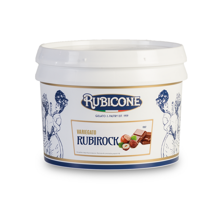3 KG bucket of Rubicone Rubi Rock sundae dessert topping - variegato rubi rock - choco hazelnut sauce with hazelnut grain