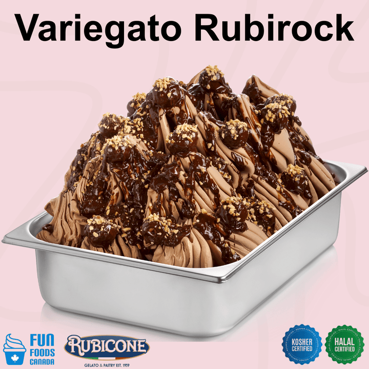 Rubicone Variegato Rubirock gelato variegate featuring rich chocolate sauce with crunchy chocolate-coated hazelnut pieces and crispy inclusions. Perfect for decorating and flavouring gelato, ice cream, frozen yogurt and desserts. Kosher, Halal.
