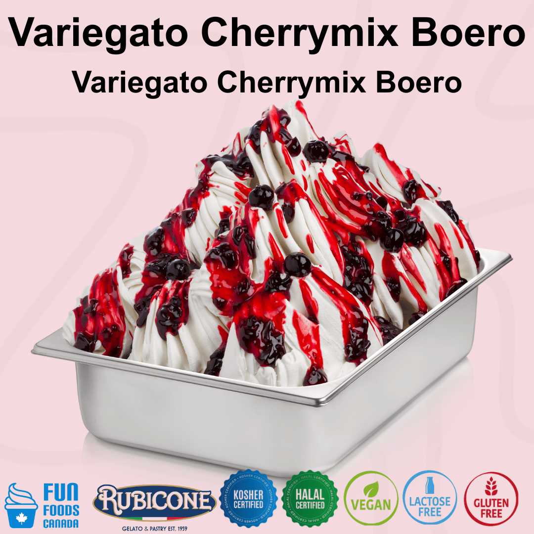 Rubicone Variegato Cherrymix Boero gelato variegate featuring rich cherry sauce with whole sour cherries. Ideal for gelato, ice cream, frozen yogurt and desserts. Kosher, Halal, vegan, lactose free and gluten free.