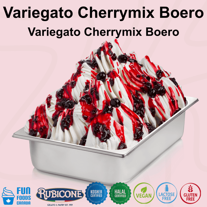 Rubicone Variegato Cherrymix Boero gelato variegate featuring rich cherry sauce with whole sour cherries. Ideal for gelato, ice cream, frozen yogurt and desserts. Kosher, Halal, vegan, lactose free and gluten free.