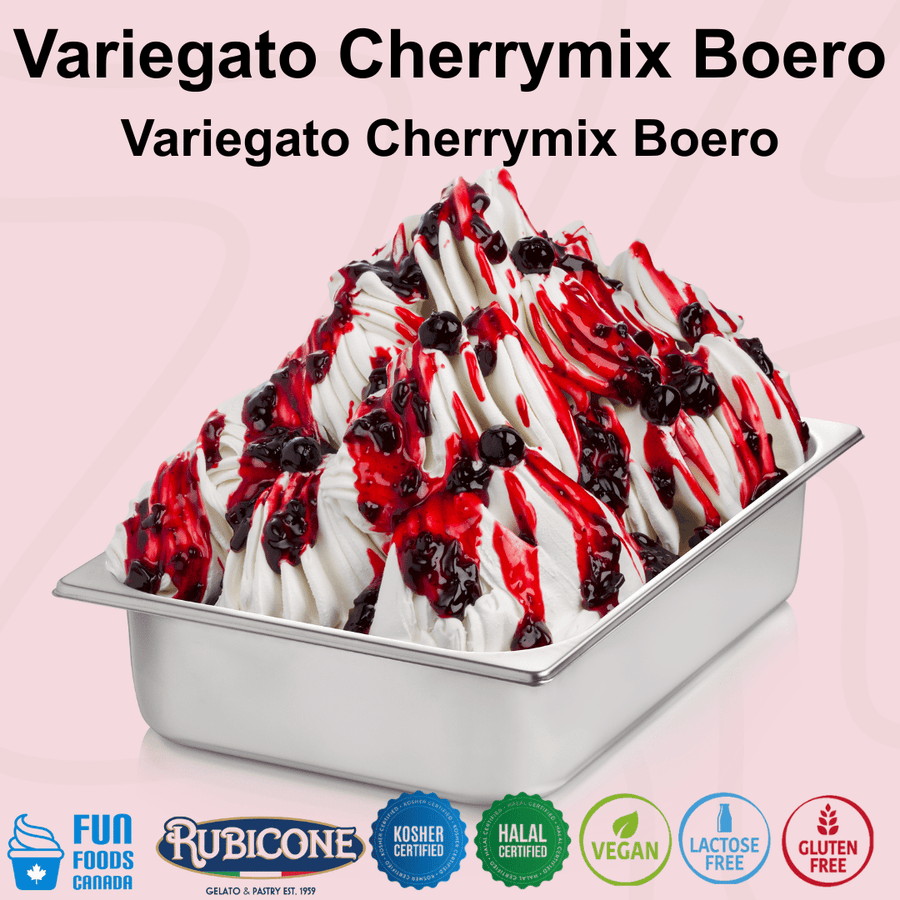 Rubicone Variegato Cherrymix Boero gelato variegate featuring rich cherry sauce with whole sour cherries. Ideal for gelato, ice cream, frozen yogurt and desserts. Kosher, Halal, vegan, lactose free and gluten free.