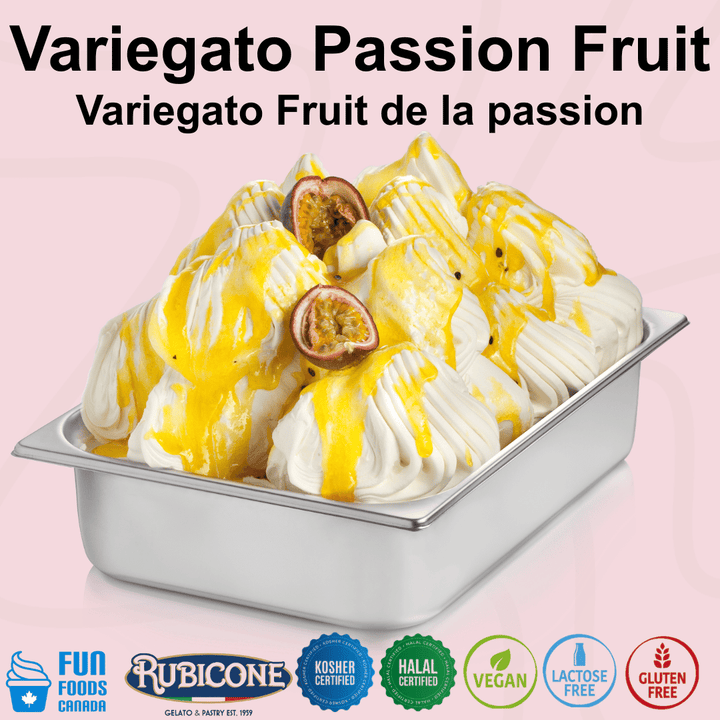 Rubicone Variegato Passion Fruit gelato variegate featuring tropical passion fruit sauce with passion fruit pulp and seeds. Ideal for gelato, ice cream, frozen yogurt and desserts. Kosher, Halal, vegan, lactose free and gluten free.