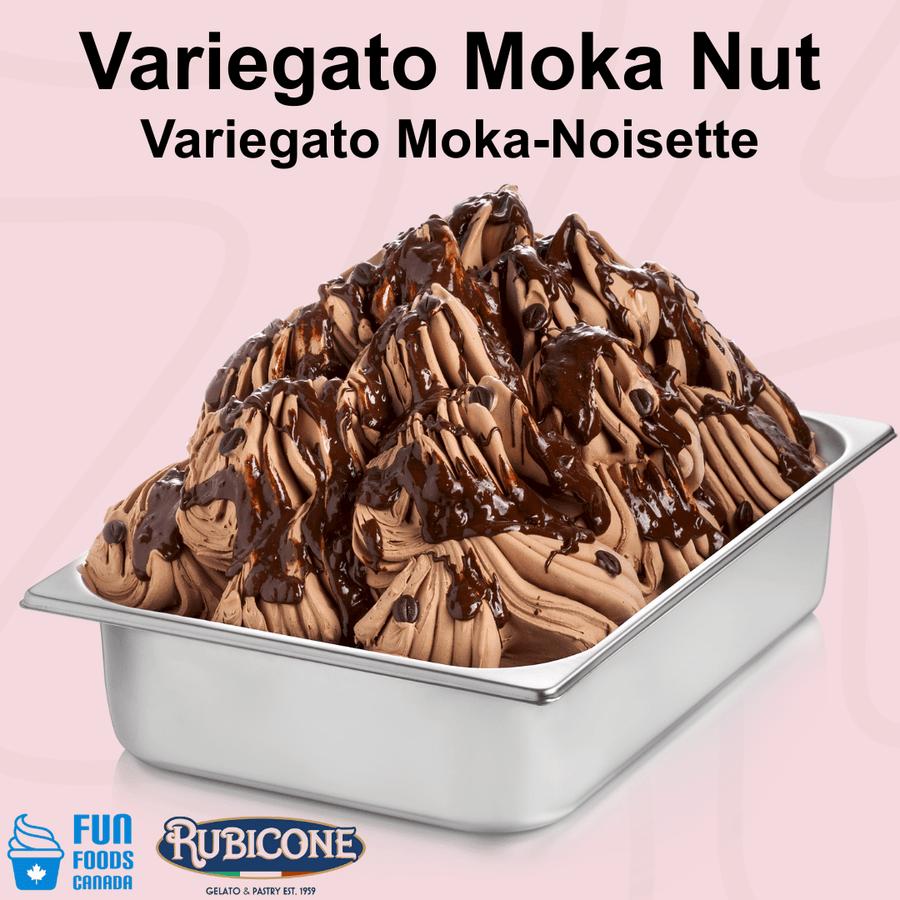 Rubicone Variegato Moka Nut gelato variegate featuring rich mocha coffee and hazelnut sauce with chocolate-coated coffee beans. Ideal for gelato, ice cream, frozen yogurt and desserts.