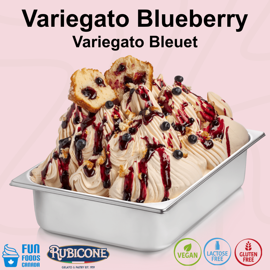 Rubicone Variegato Blueberry gelato variegate featuring blueberry sauce with whole blueberry pieces. Ideal for gelato, ice cream, frozen yogurt and desserts. Vegan, lactose free and gluten free.