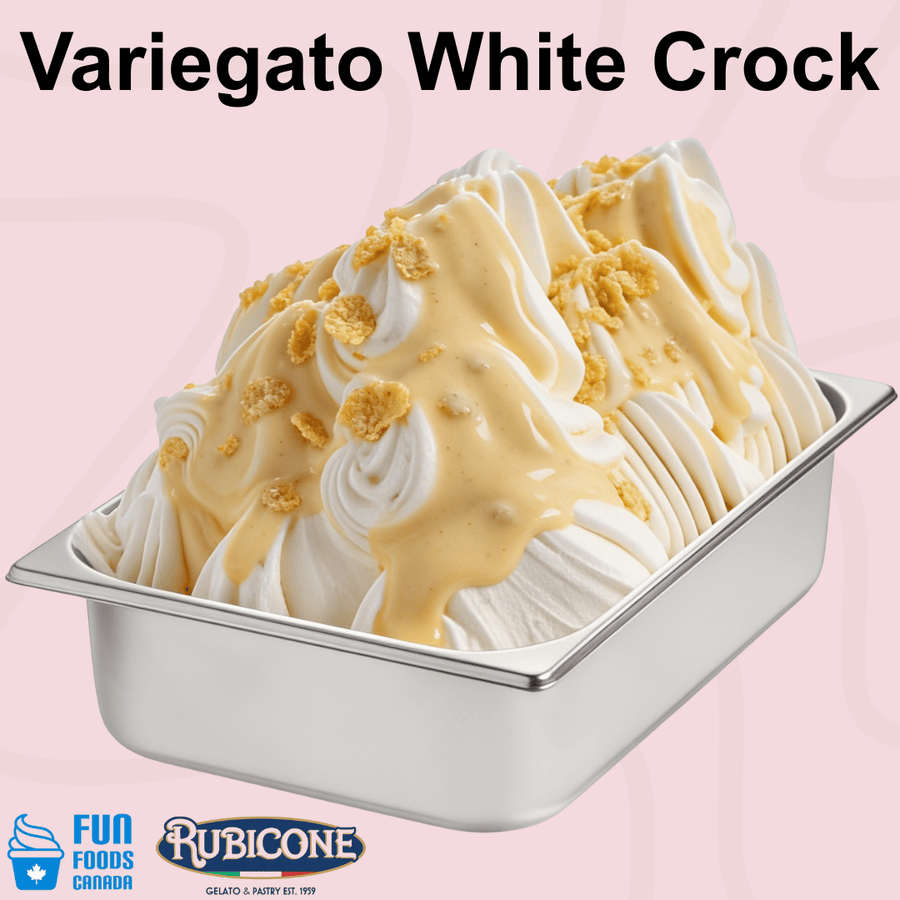 Rubicone Variegato White Crock gelato variegate featuring creamy white chocolate sauce with crunchy crispy cereal inclusions. Perfect for decorating and flavouring gelato, ice cream, frozen yogurt and desserts.