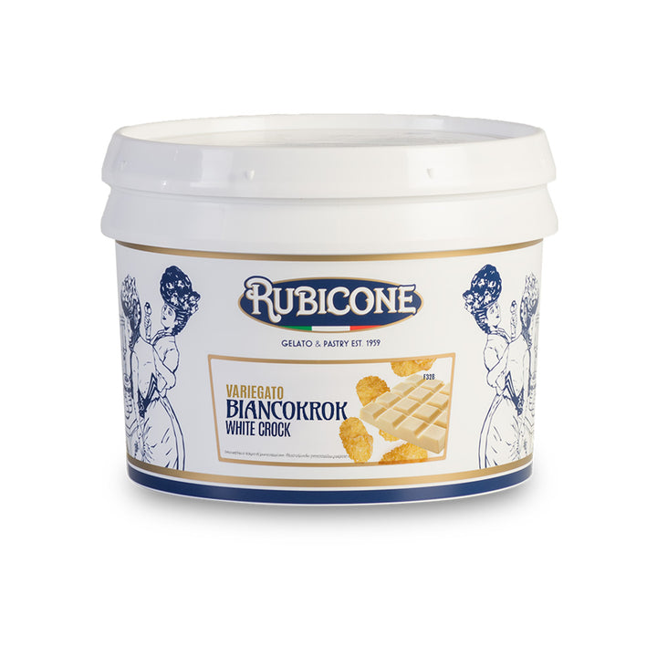 3 KG bucket of Rubicone white crunch sundae dessert topping - variegato biancokrok (white crock) - on a white background