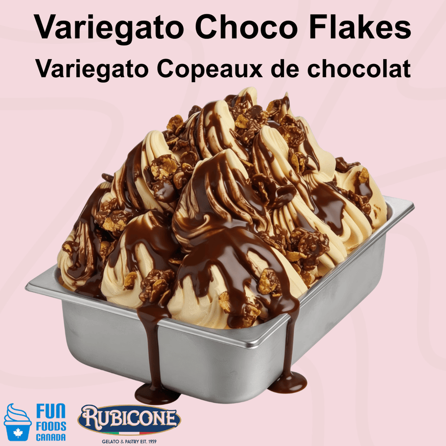 Rubicone Variegato Choco Flakes gelato variegate featuring rich chocolate sauce with crunchy chocolate-coated cereal flakes. Ideal for gelato, ice cream, frozen yogurt and desserts.