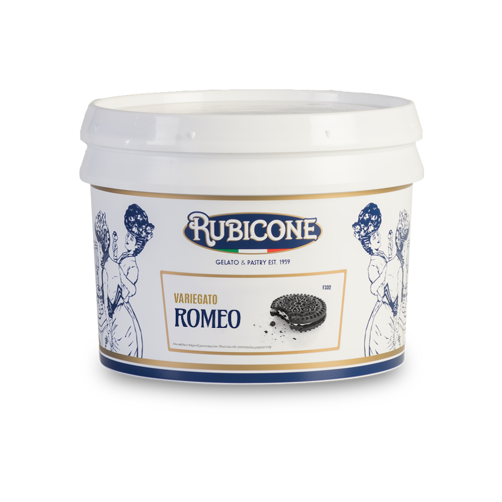 3 KG bucket of Rubicone Romeo sundae dessert topping - variegato romeo - on a white background