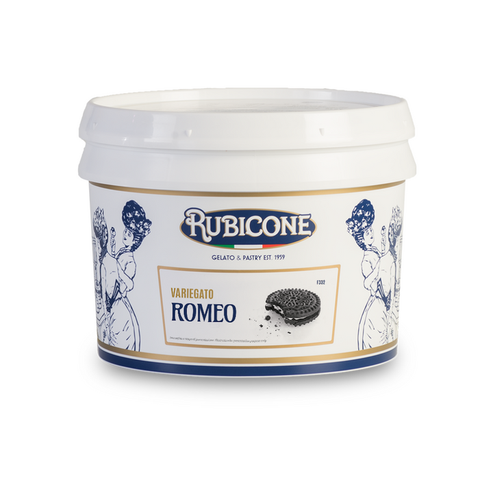 3 KG bucket of Rubicone Romeo sundae dessert topping - variegato romeo - on a white background