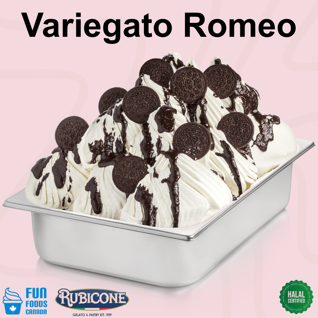 Rubicone Variegato Romeo gelato variegate featuring rich chocolate sauce and chocolate sandwich cookie pieces. Perfect for decorating and flavouring gelato, ice cream, frozen yogurt and desserts.
