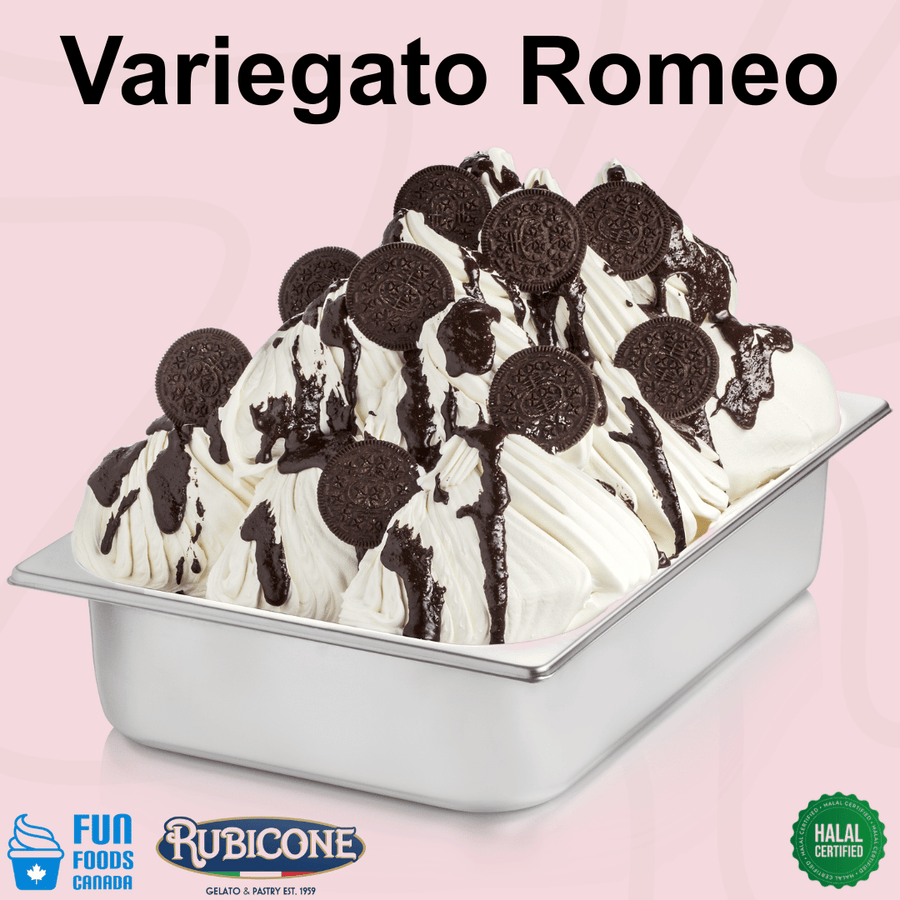 Rubicone Variegato Romeo gelato variegate featuring rich chocolate sauce and chocolate sandwich cookie pieces. Perfect for decorating and flavouring gelato, ice cream, frozen yogurt and desserts.