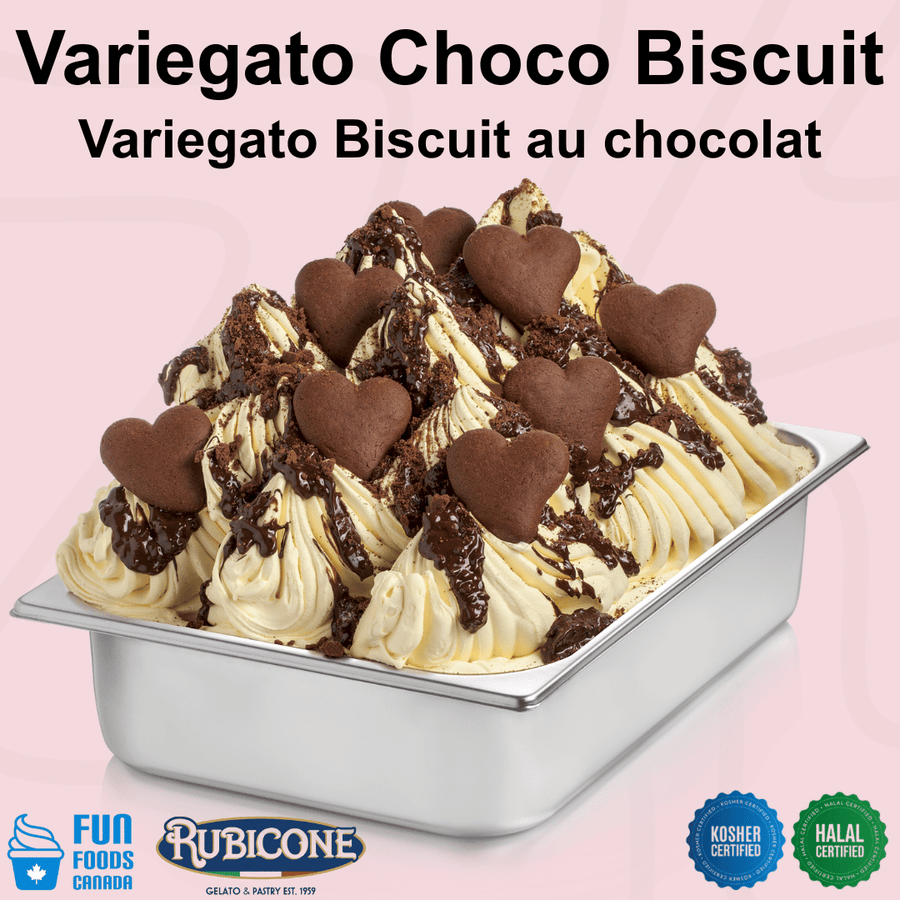 Rubicone Variegato Choco Biscuit gelato variegate featuring rich chocolate sauce with crunchy chocolate biscuit pieces. Ideal for gelato, ice cream, frozen yogurt and desserts. Kosher and Halal.