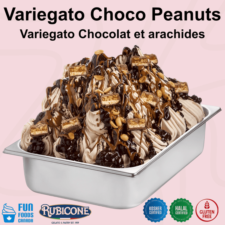 Rubicone Variegato Choco Peanuts gelato variegate featuring rich chocolate sauce with caramelized peanuts and crunchy peanut chocolate pieces. Ideal for gelato, ice cream, frozen yogurt and desserts. Kosher, Halal and gluten free.