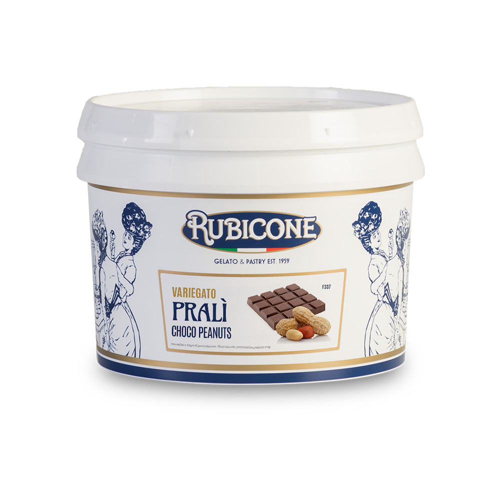 3 KG bucket of Rubicone Choco Peanuts sauce sundae dessert topping - Variegato Prali - on a white background