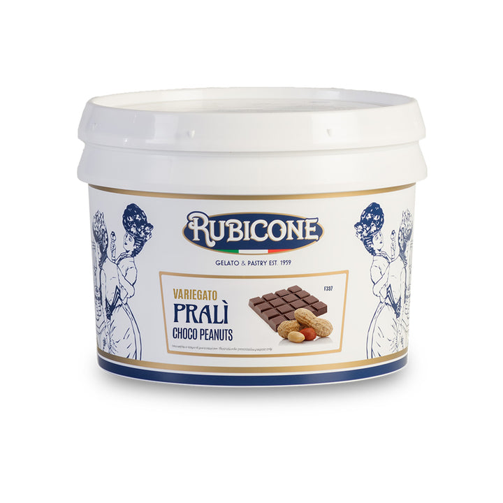 3 KG bucket of Rubicone Choco Peanuts sauce sundae dessert topping - Variegato Prali - on a white background