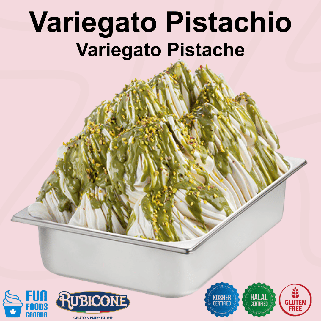 Rubicone Variegato Pistachio gelato variegate featuring rich pistachio cream with crunchy chopped pistachios. Ideal for gelato, ice cream, frozen yogurt and desserts. Kosher, Halal and gluten free.