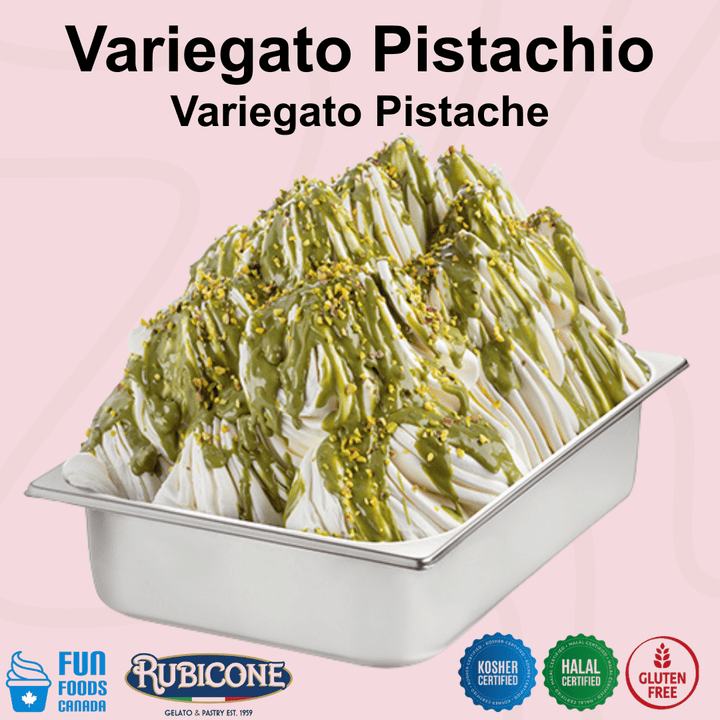 Rubicone Variegato Pistachio gelato variegate featuring rich pistachio cream with crunchy chopped pistachios. Ideal for gelato, ice cream, frozen yogurt and desserts. Kosher, Halal and gluten free.