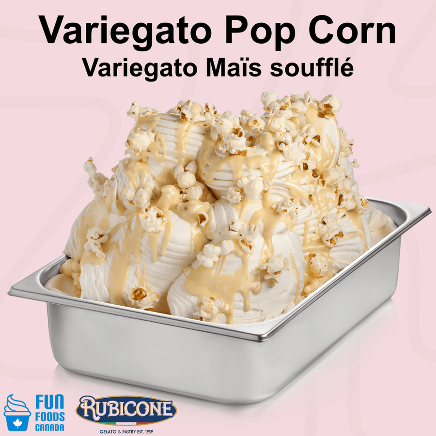 Rubicone Variegato Pop Corn gelato variegate featuring creamy caramel sauce with crunchy popcorn pieces. Ideal for gelato, ice cream, frozen yogurt and desserts.