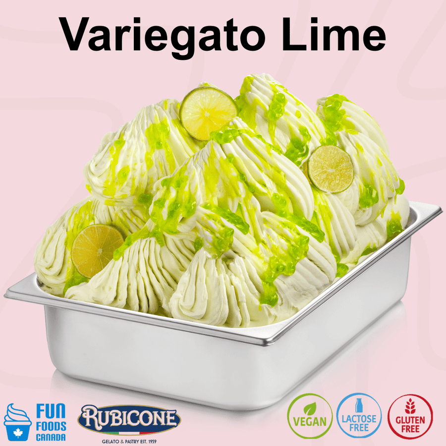 Rubicone Variegato Lime gelato variegate featuring tangy lime sauce with candied lime peel pieces. Ideal for gelato, ice cream, frozen yogurt and desserts. Vegan, lactose free and gluten free.