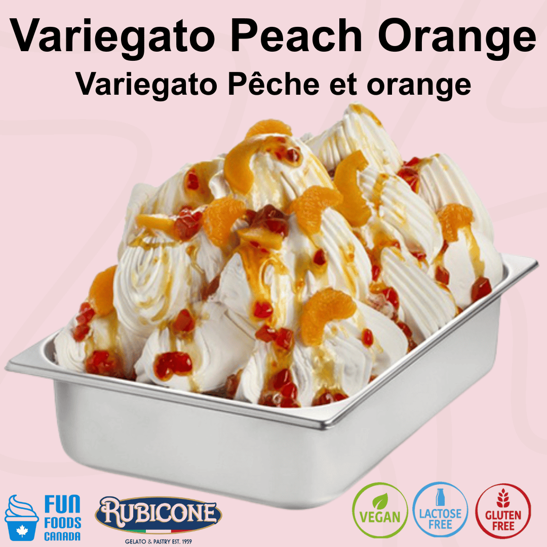 Rubicone Variegato Peach Orange gelato variegate featuring sweet peach and orange sauce with peach and candied orange pieces. Ideal for gelato, ice cream, frozen yogurt and desserts. Vegan, lactose free and gluten free.