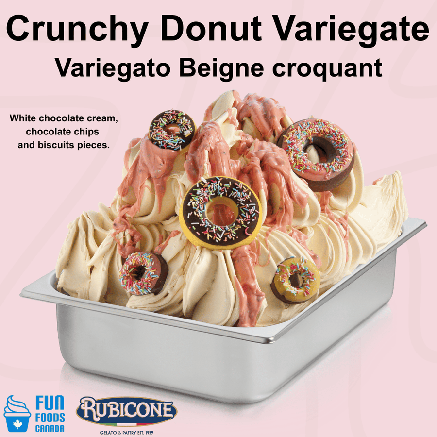 Rubicone Crunchy Donut Variegate gelato variegate featuring white chocolate cream, chocolate chips and crunchy biscuit pieces with donut flavour. Ideal for gelato, ice cream, frozen yogurt and desserts.
