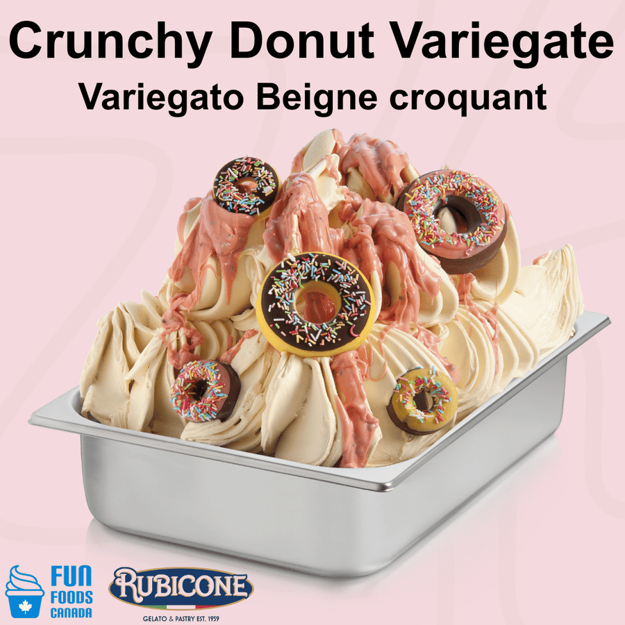 Rubicone Crunchy Donut Variegate gelato variegate featuring white chocolate cream, chocolate chips and crunchy biscuit pieces with donut flavour. Ideal for gelato, ice cream, frozen yogurt and desserts.
