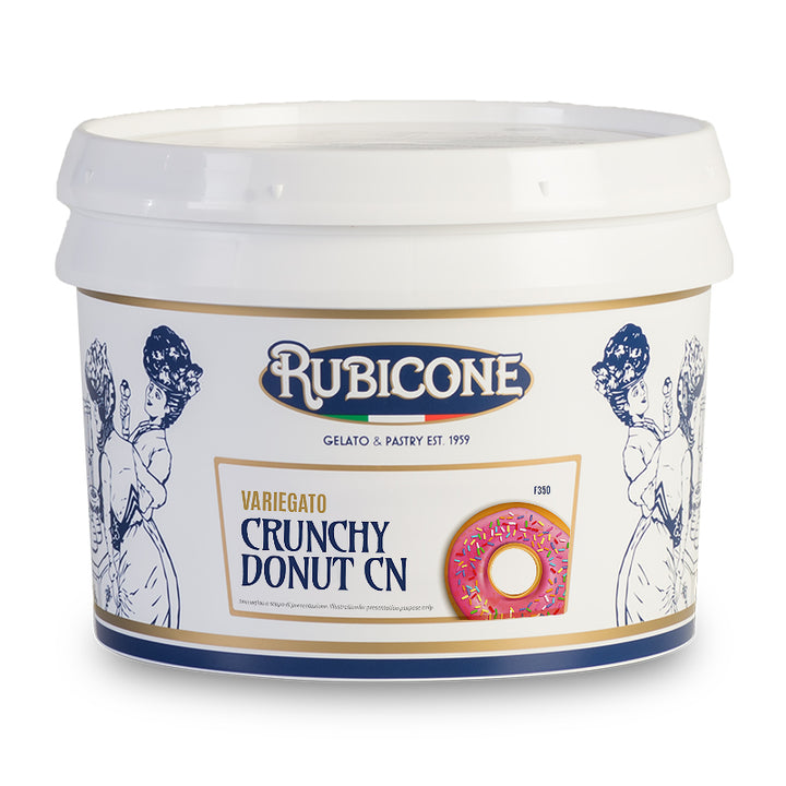 3 KG bucket of Rubicone Crunchy Donut CN Variegato (Crunchy Donut Sundae Dessert Topping with Natural Colours), on a white background