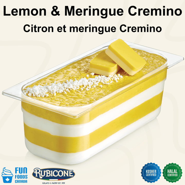 Rubicone Lemon & Meringue Cremino for premium gelato layers and textures, featuring layered lemon cremino in a display pan topped with chopped meringue pieces and decorative cremino bars. Available in Canada from Fun Foods Canada.