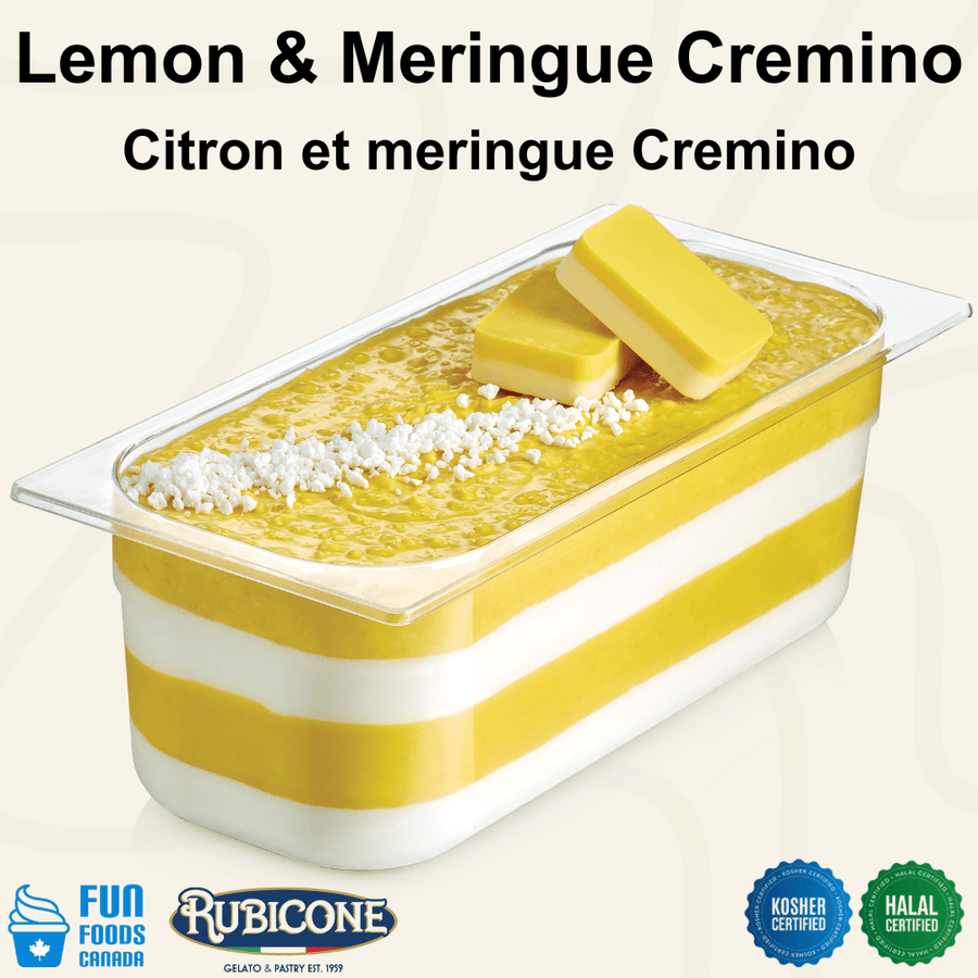 Rubicone Lemon & Meringue Cremino for premium gelato layers and textures, featuring layered lemon cremino in a display pan topped with chopped meringue pieces and decorative cremino bars. Available in Canada from Fun Foods Canada.