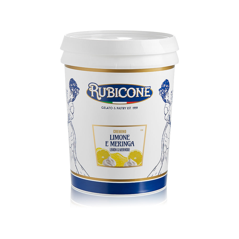 Rubicone 5 KG cremino container with lemon and meringue flavor on a white background