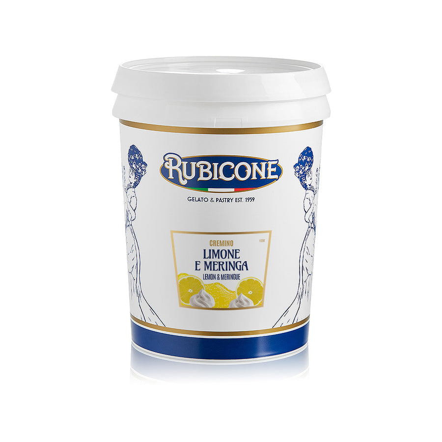 Rubicone 5 KG cremino container with lemon and meringue flavor on a white background