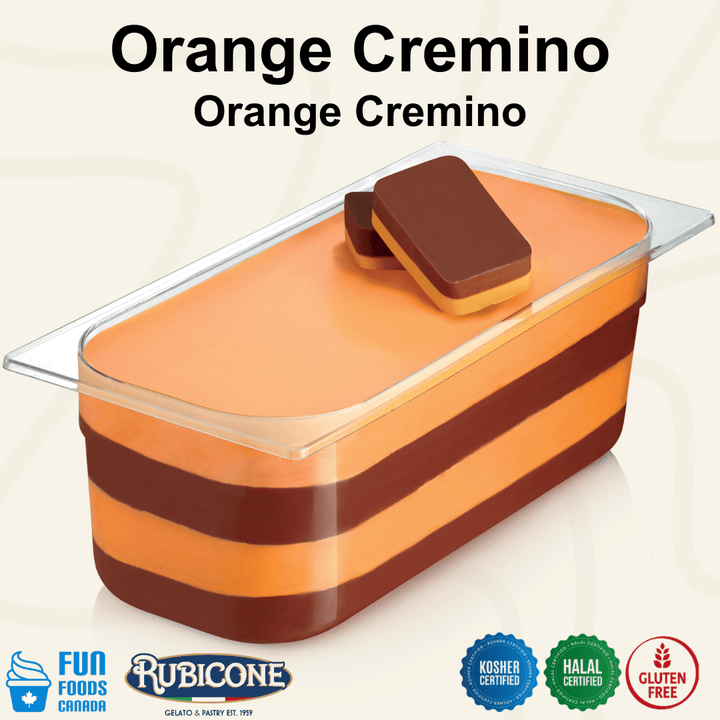 Rubicone Orange Cremino for premium gelato layers and textures, featuring layered orange cremino in a display pan topped with decorative cremino bars. Available in Canada from Fun Foods Canada.