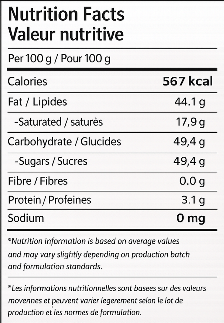 Nutrition facts label for F352 cremino orange