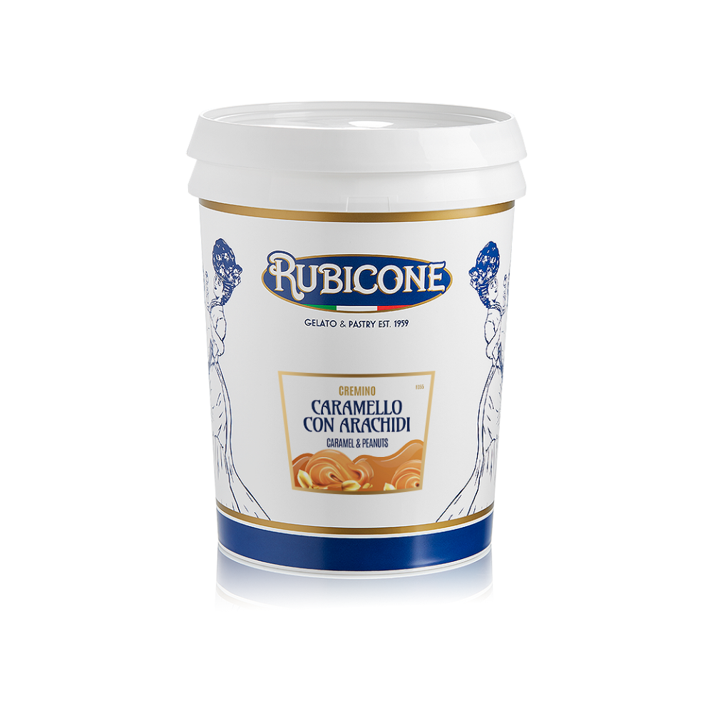 5 KG bucket of Rubicone Caramel and Peanuts Spreadable Filling Cream on a white background