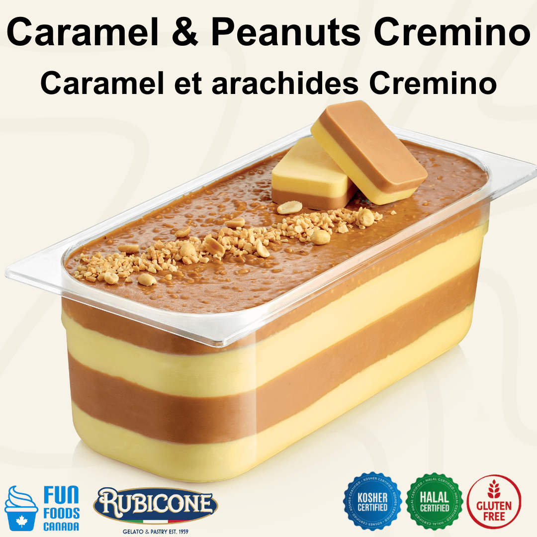 Rubicone Caramel & Peanuts Cremino for premium gelato layers and textures, featuring layered caramel cremino in a display pan topped with roasted peanuts and decorative cremino bars. Available in Canada from Fun Foods Canada.