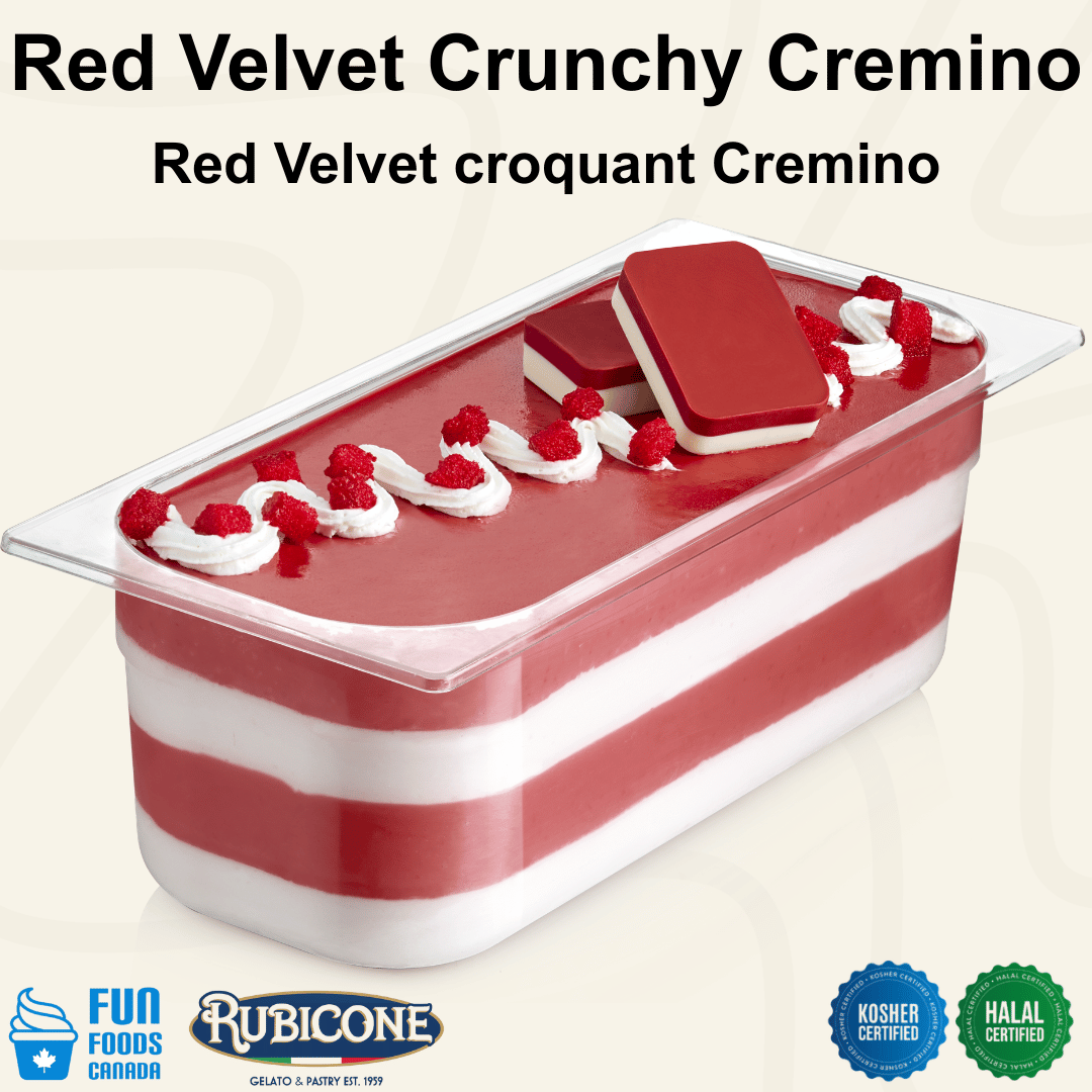Rubicone Red Velvet Crunchy Cremino for premium gelato layers and textures, featuring layered red velvet cremino in a display pan topped with crunchy red velvet crumbs, whipped cream swirls, and decorative cremino bars. Available in Canada from Fun Foods Canada.