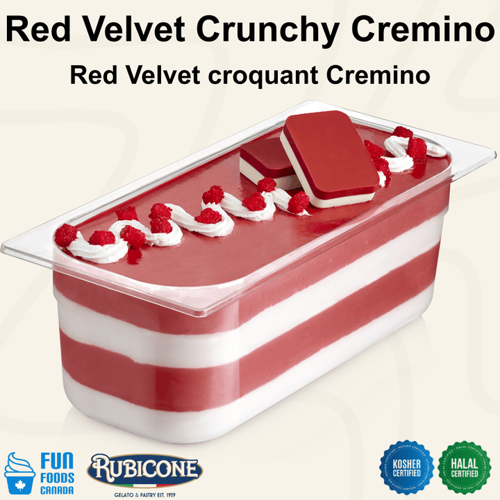 Rubicone Red Velvet Crunchy Cremino for premium gelato layers and textures, featuring layered red velvet cremino in a display pan topped with crunchy red velvet crumbs, whipped cream swirls, and decorative cremino bars. Available in Canada from Fun Foods Canada.
