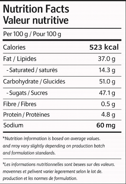 Nutrition facts label for Crunchy Red Velvet Spreadable Filling Cream - F357