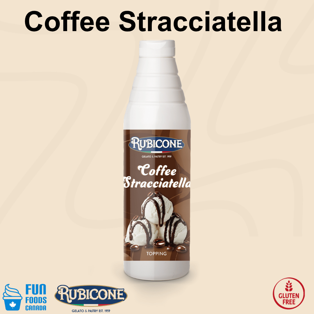 Rubicone Coffee Stracciatella Topping, a coffee-flavoured stracciatella sauce for topping gelato, ice cream and desserts. Gluten-Free.

