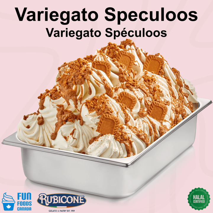 Rubicone Variegato Speculoos gelato variegate featuring creamy Speculoos cookie spread with crunchy Speculoos biscuit pieces. Perfect for decorating and flavouring gelato, ice cream, frozen yogurt and desserts.