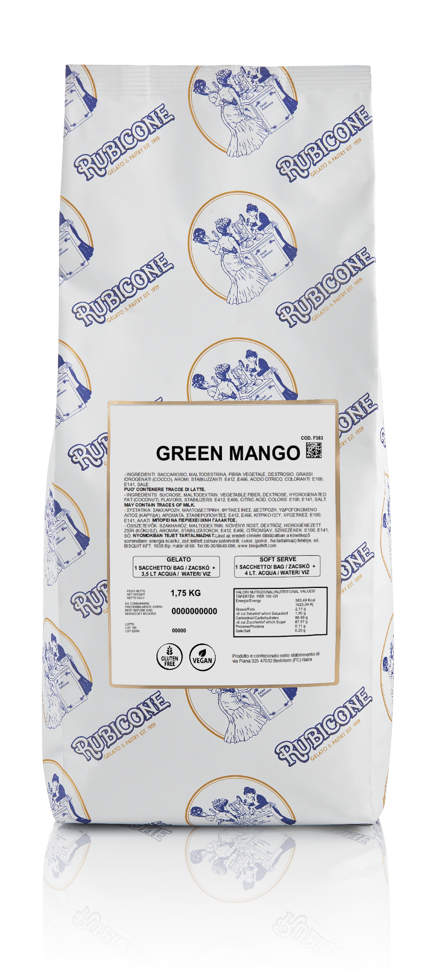 1.75 KG packaging of Rubicone Green Mango Ready Fruit base for soft serve and gelato on a white background - Canadian distribution of Rubicone