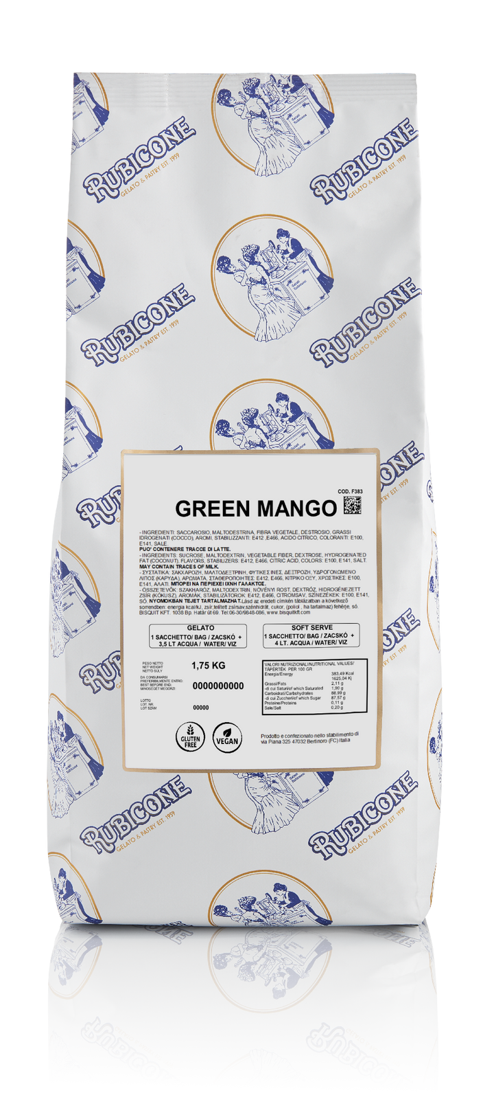 1.75 KG packaging of Rubicone Green Mango Ready Fruit base for soft serve and gelato on a white background - Canadian distribution of Rubicone