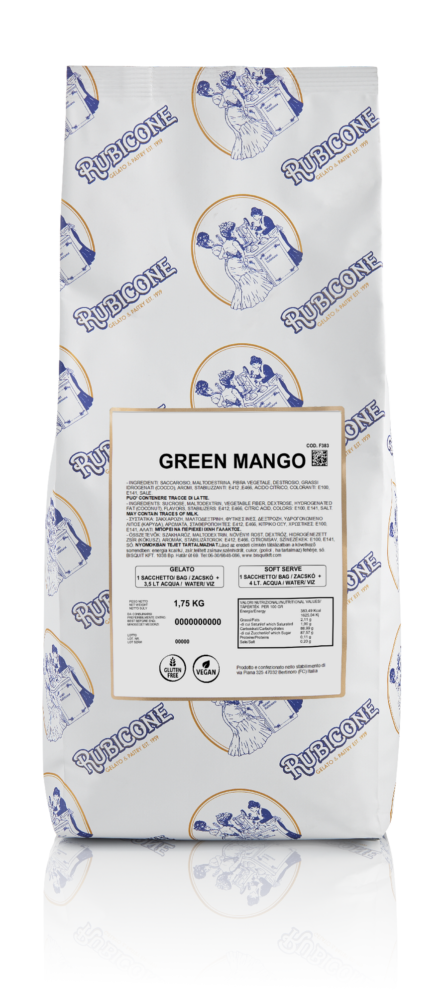 1.75 KG packaging of Rubicone Green Mango Ready Fruit base for soft serve and gelato on a white background - Canadian distribution of Rubicone
