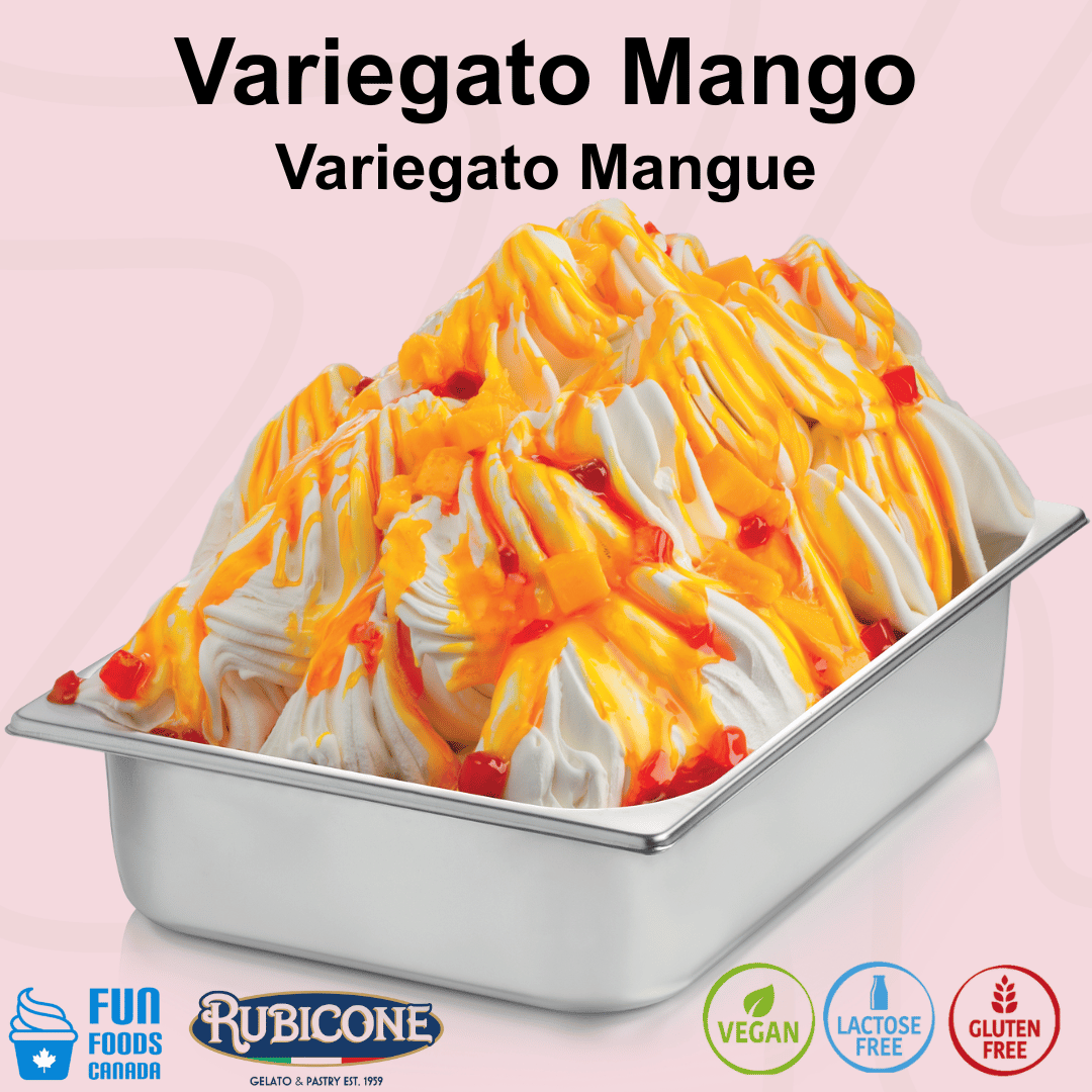 Rubicone Variegato Mango gelato variegate featuring sweet mango sauce with juicy mango pieces. Ideal for gelato, ice cream, frozen yogurt and desserts. Vegan, lactose free and gluten free.