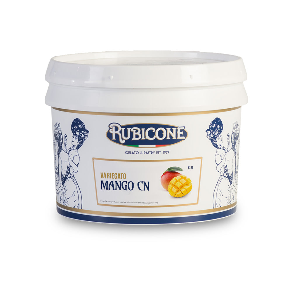 Rubicone Mango Dessert Topping with pieces, 3 KG bucket on a white background