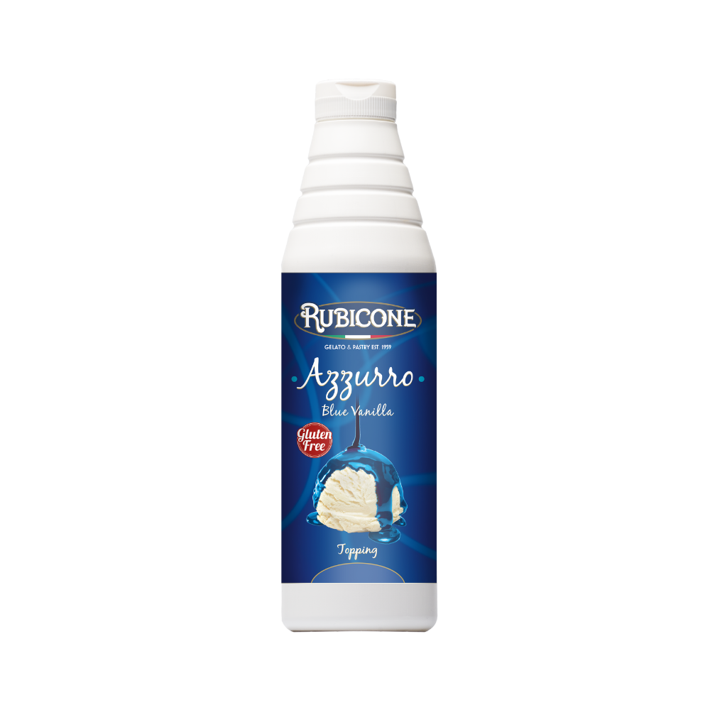 Rubicone Blue Vanilla Topping 1 KG Squeeze Bottle on a white background 