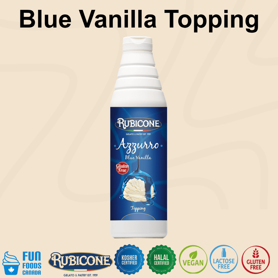 Rubicone Blue Vanilla Topping (Azzurro), a vibrant blue vanilla-flavoured dessert sauce for decorating and topping gelato, ice cream, frozen yogurt and desserts. Kosher, Halal, Vegan, Lactose-Free and Gluten-Free.
