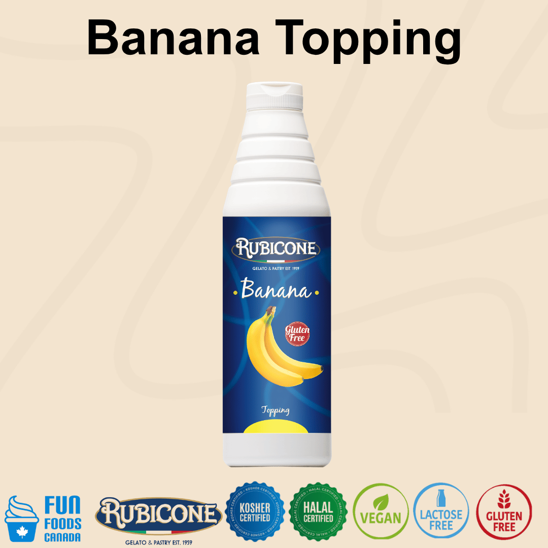 Rubicone Banana Topping, a sweet banana-flavoured dessert sauce for topping gelato, ice cream, frozen yogurt, pancakes, waffles and desserts. Kosher, Halal, Vegan, Lactose-Free and Gluten-Free.
